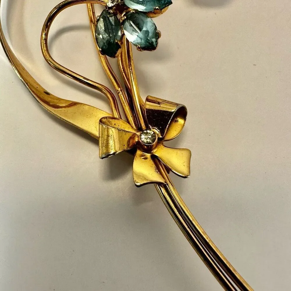 Coro Sterling silver craft gold plated and blue flower rhinestone vintage brooch
